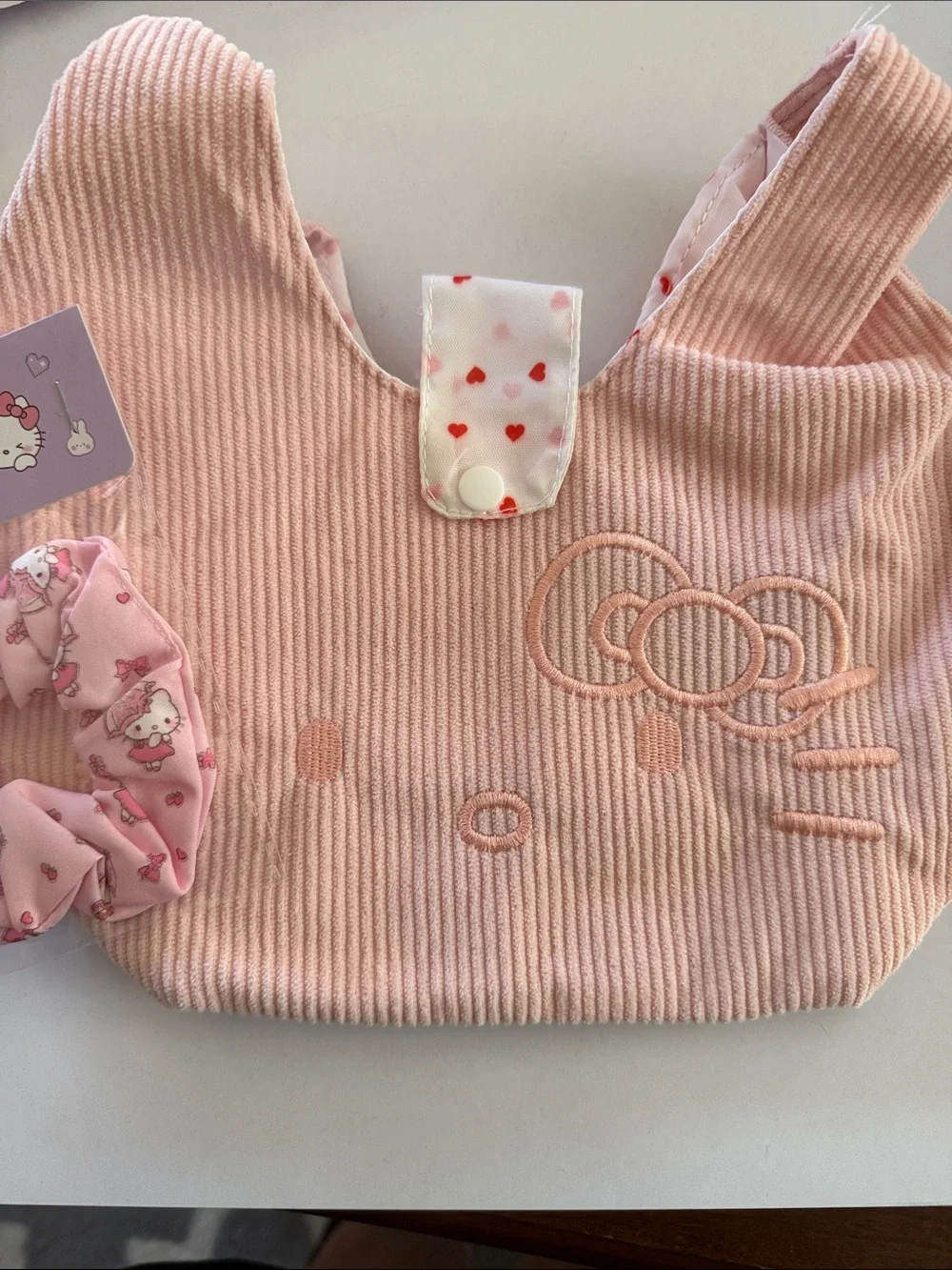New Hello Kitty Pink Corduroy Kids Tote with Scrunchie and hand crème trio.
